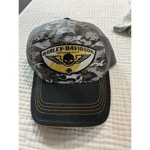 Harley Davidson Trucker Hat Gray Camo Skull Wings Biker Motorcycle Cap‎ Mens